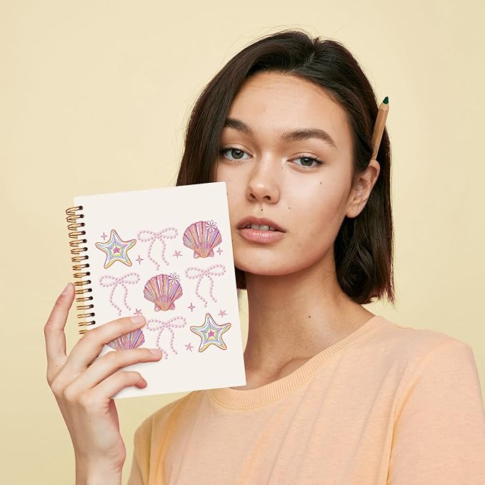 JXREQ Coquette Pink Bow Seashell Notebook Journal for Women, Preppy Aesthetic Journaling Notebooks for Note Taking, Girly Office Supplies, Trendy Beachy Spiral Notebooks 5.5x8.3