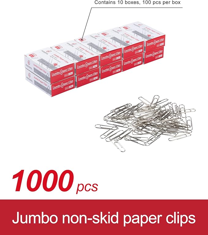 PAPERPAL Paperclips for Office School & Personal Use, Jumbo Nonskid Paper Clip (2"), 1000 Large Paper Clips (10 Boxes of 100 Each), Silver