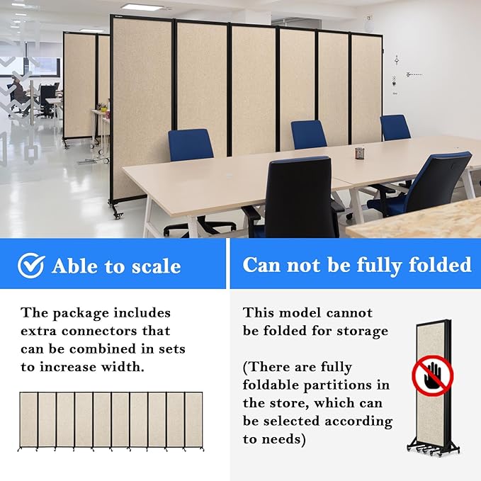 Upgrade Version Room Partition and Divider, Freestanding Rolling Dividers with Wheels,Office Privacy Screen Divider Wall,Classroom Felt Dividers,10'6"L* 6'7"H,5 Panel,Beige