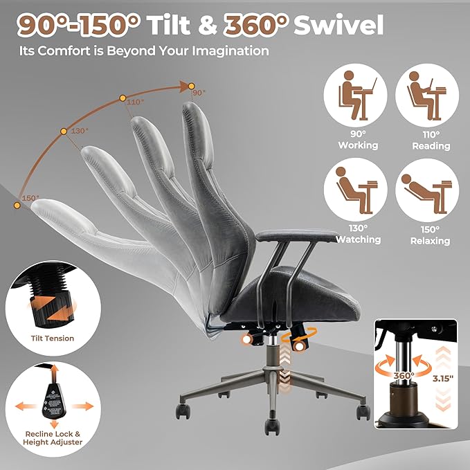 ovios Ergonomic Home Office Chair, Mid-Century Modern Faux Leather Chairs with Padded Armrests, Comfy High Back Swivel Rolling Executive Computer Armchair (Dark Grey, Suede Leather)
