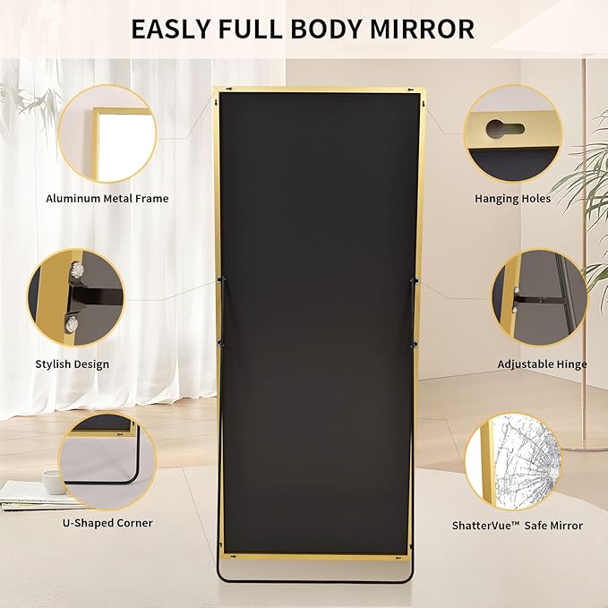 Extra Large 71"x30" Full Length Mirror - Standing, Hanging, or Leaning Rectangle Mirror for Wall or Floor - Wall-Mounted Full Body Dressing Mirrors with Aluminum Alloy Frame for Living Room - Gold
