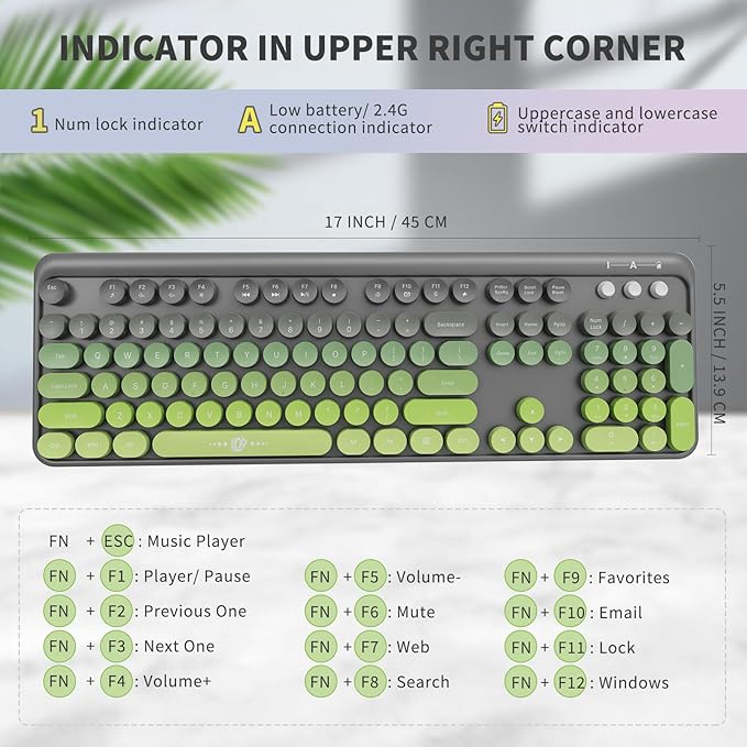 FOPETT Wireless Keyboard and Mouse Combo - 2.4G Full-Sized Cute Colorful Mouse and Keyboard with 104 Round Keys Retro Typewriter Keyboard for Laptop/Windows/PC - Green Gradient