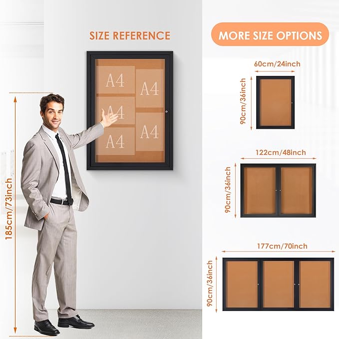 Enclosed Bulletin Board Outdoor Noticeboard with Locking Door, Weather-Resistant, Cork, Black Aluminum Frame, 48 x 34 in