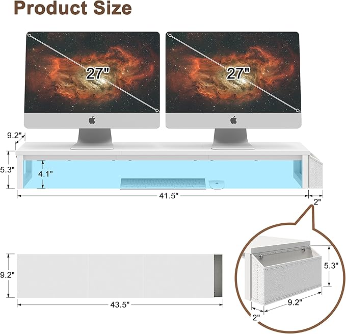 LAND·VOI Dual Monitor Stand Riser,41.5'' Long Monitor Stand for 2 Monitors, Wood and Steel Computer Monitor Stand, Desktop Oraganizer with Pen Holder, Monitor Riser for Desk Computer,Laptop,TV, White