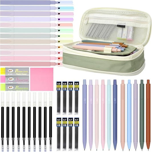 46 PCS Aesthetic School Supplies with Pencil Case, Pastel Highlighters, Erasable Pens, Refills, Mechanical Pencils for Students Stationary College Essentials