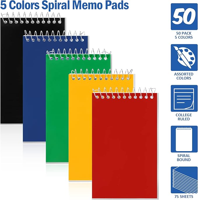 50 Pieces Spiral Memo Pads Bulk 3 x 5 Inch Small Note Pads Top Bound Lined College Ruled Paper Mini Notepad Pocket Spiral Notebooks for School Office Home Supplies, 75 Sheets (Bright Colors)