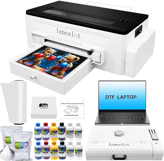 Lancelot A3 l1800 DTF Transfer Printing Machine with Roll Feeder, White Ink Circulation and Easy Operation,DTF Printer Bundle for Dark and Light Clothing (Printer+Oven+Laptop+consumable)