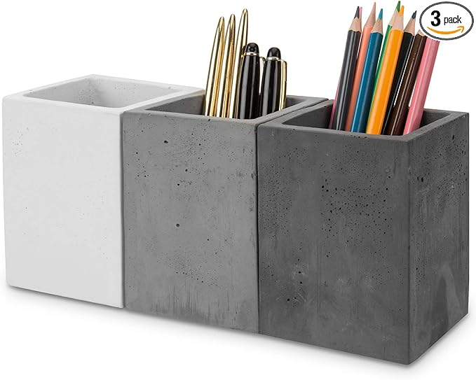 MyGift Pen Holder Pencil Holder For Desk,Pen Cup Holder For Desk,Concrete Desktop Pencil Cup,Modern Gray-Tone,Set of 3