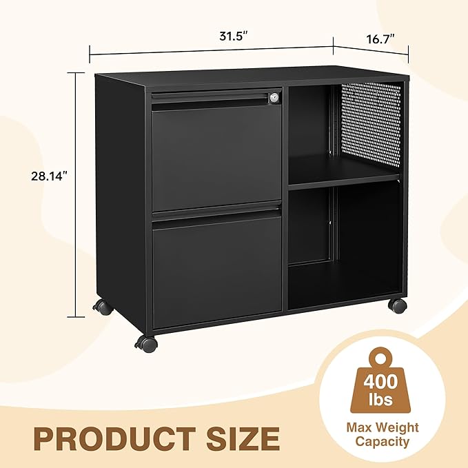Lateral 2 Drawer Filing Cabinet with Lock, Mobile File Cabinet on Wheels, Printer Stand with Storage for Legal/Letter/A4 File Folders (Blcak)