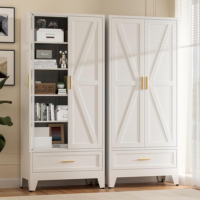 71" Tall Metal Storage Cabinet with Drawer and Adjustable Shelves,Farmhouse Kitchen Pantry Storage Cabinet with Doors,Large Wide Cabinets for Craft Room,Office,Dining Room,Bathroom(White)