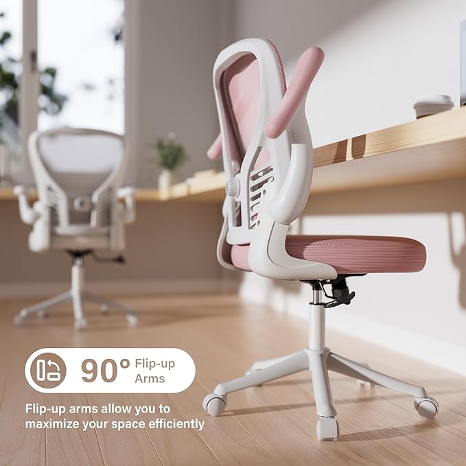 GYI Computer Desk Chair, Ergonomic Office Desk Chairs with Mesh Back, Adjustable Lumbar Support, Height, 3D Flip-up Arms, Wheels, Rocking Function (Pink)