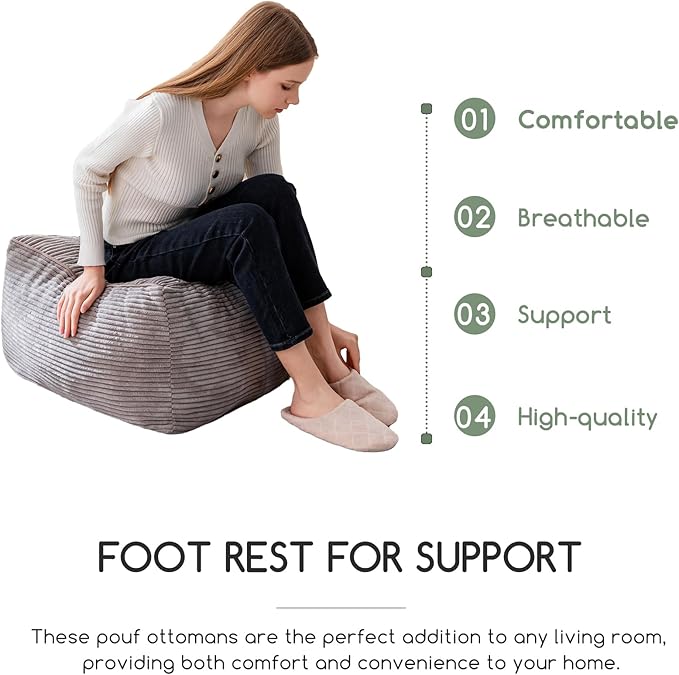 HIGOGOGO Square Stuffed Pouf Ottoman, Corduroy Poufs with Foam Chunk Filling, Furry and Fluffy Pouf Foot Stool Storage Ottoman, 21 X 21 Floor Poufs Foot Rest for Living Room, Grey