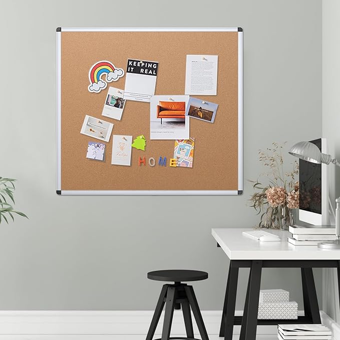 VIZ-PRO Cork Bulletin Board, 48 X 48 Inches, Wall-Mounted Corkboard with Silver Aluminium Frame for School, Office, and Home 4' X 4'