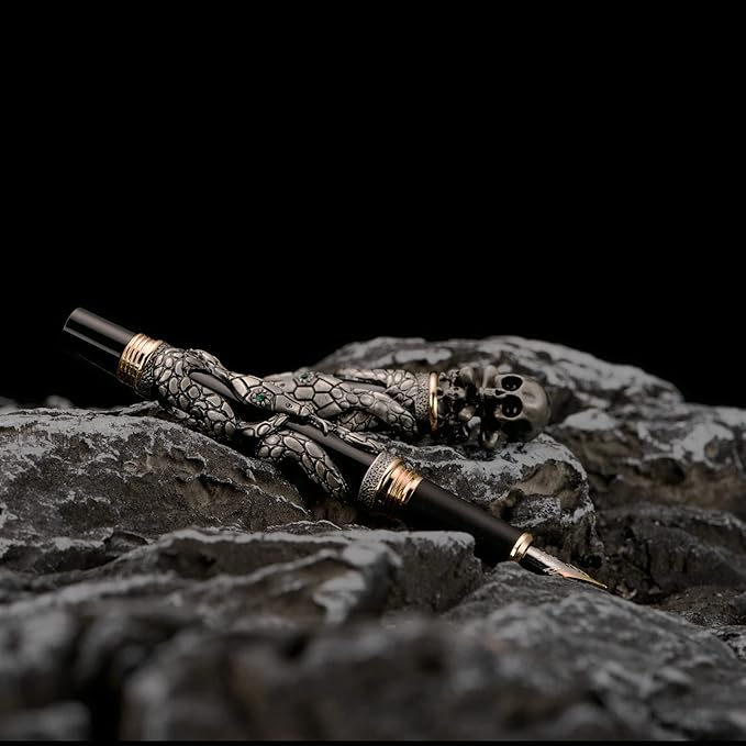 Jinhao Black Snake Fountain Pen Bent Nib Fude Pen with Skull Head Solid Metal