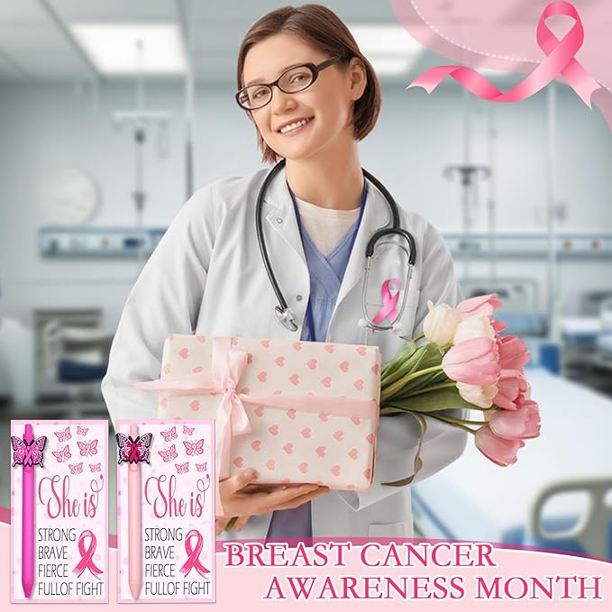 24Set Breast Cancer Awareness Pens with Encouragement Cards Cancer Ballpoint Pen with Inspirational Words Retractable Ink Point Pens for Women Nurses Day Public Event