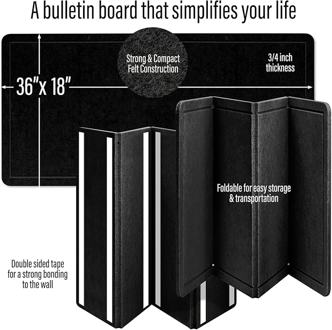 Large Bulletin Board 36 x 18 Inches - Foldable Felt Bulletin Board for Wall, Cork Board Alternative with 50 Color Pins & 6 Note Pads, Vision Board - Black