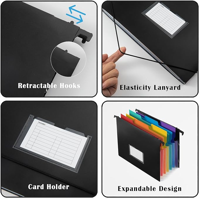 TRANBO 7-Pockets Hanging File Folder with Retractable Hooks for Filing Cabinet, Letter Size Expandable Accordion File Organizer with Elastic Band for File Frame or On-The-Go Use (3 Pack)