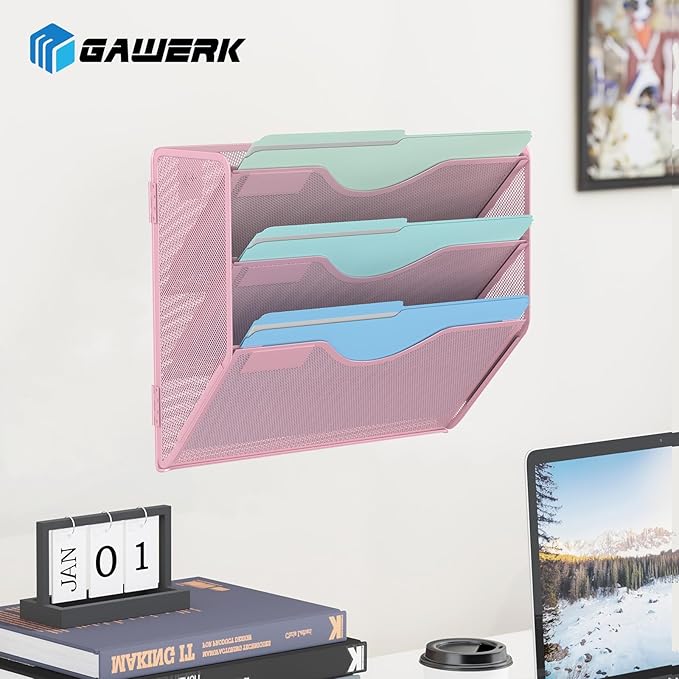 3 Tier Hanging Wall File Organizer, Mesh Mail Paper Orgnization Hanging File Folder Holder for Home Office, Pink