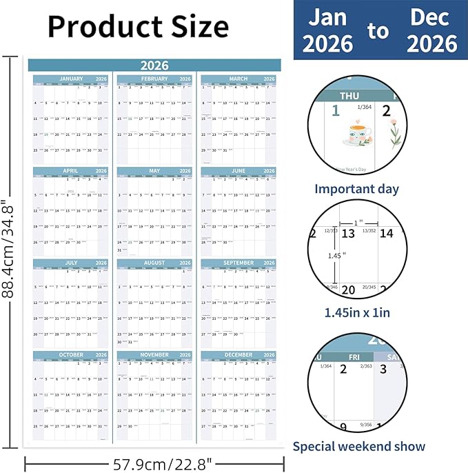 2026 Wall Calendar 34.8" x 22.8" Large Vertical Yearly Wall Hanging Calenda with Julian Date Thick Paper Calendar 12 Month Annual Wall Planner for Wall Office Fridge(Light Blue)