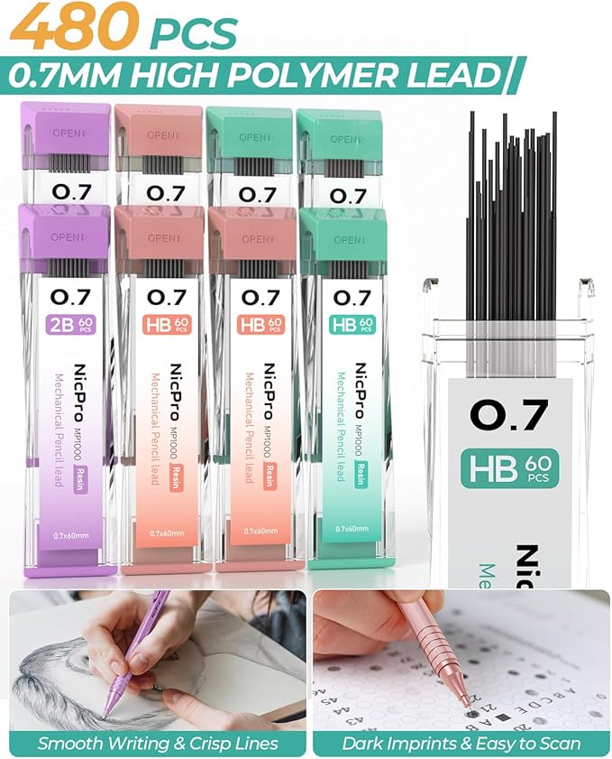 Nicpro 0.7 mm Metal Mechanical Pencil Set, 3PCS MP1000 Artist Lead Pencils With 480PCS HB 2B Lead Refills, Erasers, Pastel Aesthetic Mechanical Pencils for School Supplies Writing Drawing Sketching