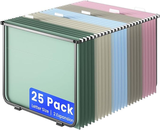 Hanging File Folders Letter Size, 25 Pack File Organizer Folders, 1/5-Cut Tabs With Hanging File Folder Framer, Heavy Duty 2 Inch Expansion, Stay Organized for Your Home and Office Bulk File.