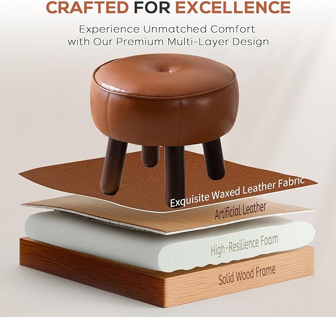 Small Foot Stool, Round Faux Leather Pouf Ottoman Foot Rest, Footstool Ottomans with Rubber Legs Under Desk, 13''L x 13''W x 10.2''H, Footrest for Couch, Living Room, Bedroom, Hallway, Brown