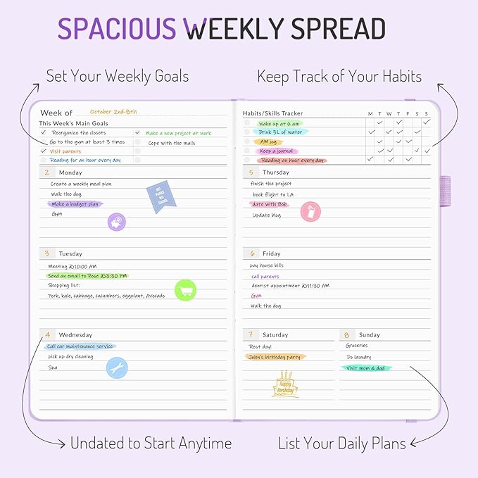 Undated Weekly Planner for 2025, Forvencer Simplified Weekly & Monthly Calendar Planner, Cute Daily Organizer Notebook, Agenda Journal to Track Goals & Tasks, Start Anytime, A5 Size, Lilac