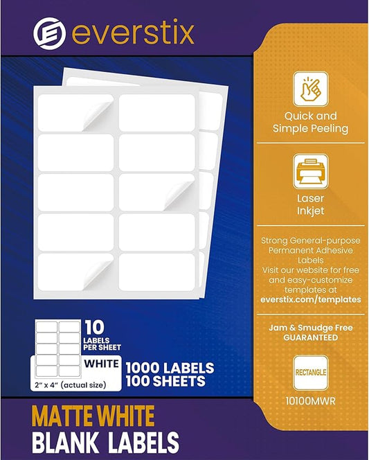 2" x 4", 100 Sheets, 1000 Blank Shipping Labels, Printable White Sticker, Shipping Labels for Laser & Inkjet Printers, Letter Size