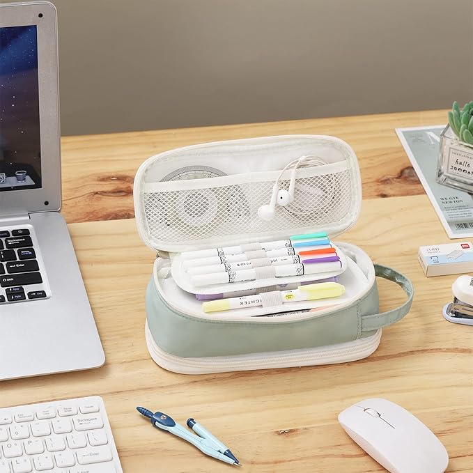 Dugio Big Pencil Case for Girls Teens Kids Zipper Pencil Pouch with Handle Organizer Pencil Bag Aesthetic Pencil Box for School Green