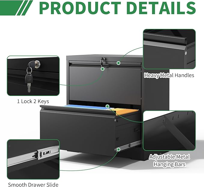 2 Drawer Lateral File Cabinet with Lock, File Cabinets for Home Office Legal/Letter A4 Size, File Cabinet Storage Cabinet,Require Assembly, Black