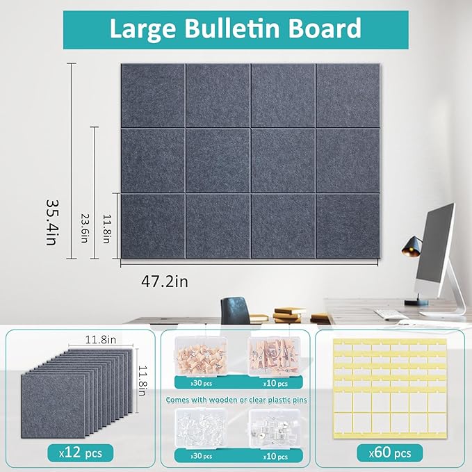 Large Cork Bulletin Board - 48" x 36" Cork Board for Walls - 12 Pack Felt Wall Tiles with Safe Removable Adhesive Tabs - Bulletinboard for Office Classroom Home Decor - Drak Grey