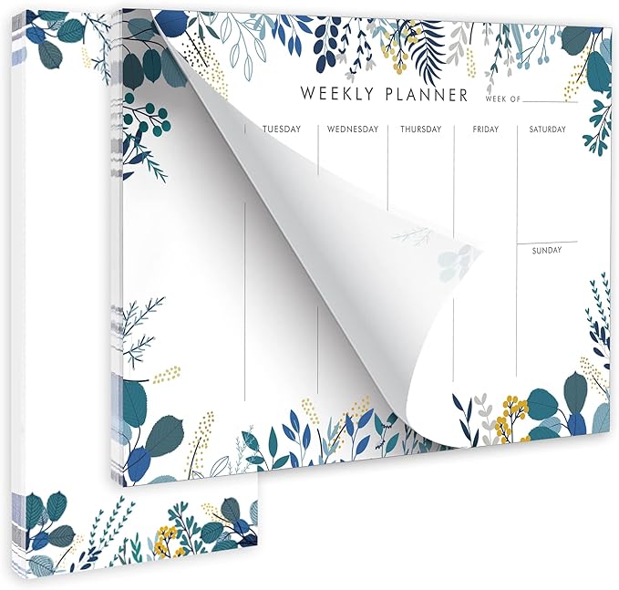 Weekly Planner Notepad Tear Off Set of 2 Weekly Calendar Pad 52 Undated To Do List Notepad Sheets Desk Planner Planning Pads Productivity Tracker for Work Goals Notes Schedule Ideas, Floral Blue