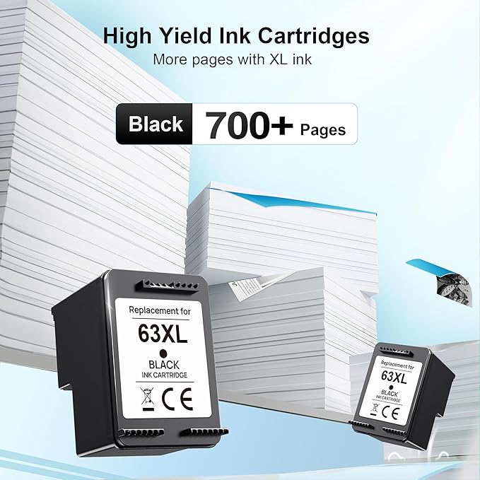 63XL Black Ink Cartridge High-Yield for HP Ink 63 Replacement for HP 63 Black Ink Cartridge Works for HP OfficeJet 3830 4650 5255 5258 5200 Envy 4520 4512 4510 DeskJet 1112 2130 3630 F6U64AN (2 Pack)