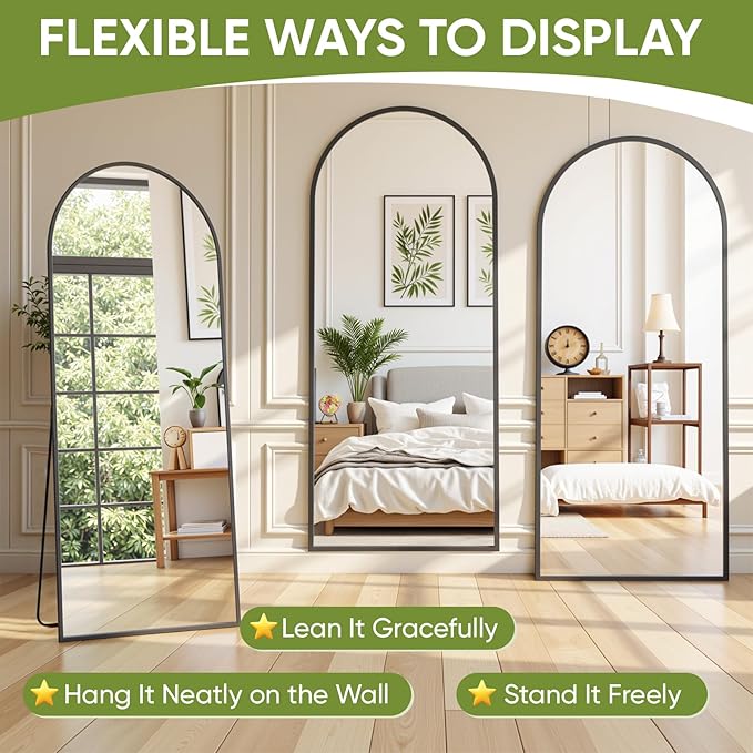 Full-Length Floor Mirror with Stand, 71"x32" Arched Style Full Body Standing Mirror for Bedroom, Living Room, Gym, Dorm - Shatter-Resistant & Easy Assembly, Black