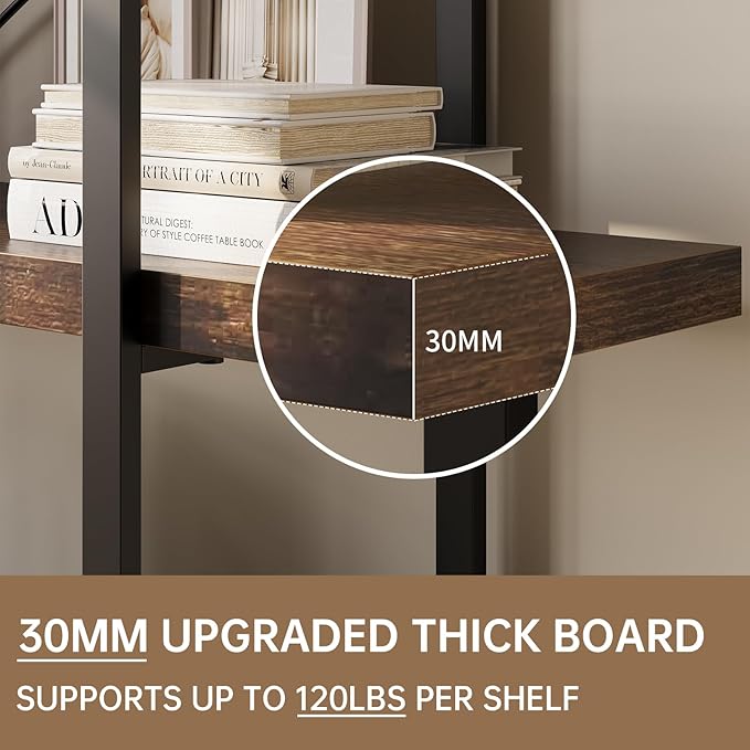 Heavy Duty 6-Tier Industrial Bookcase, 47" Wide Wood Bookshelf for Home Office, 120lbs Shelf Capacity, Rustic Open Shelving Display with Reinforced Horizontal Shelf for Living Room Bedroom