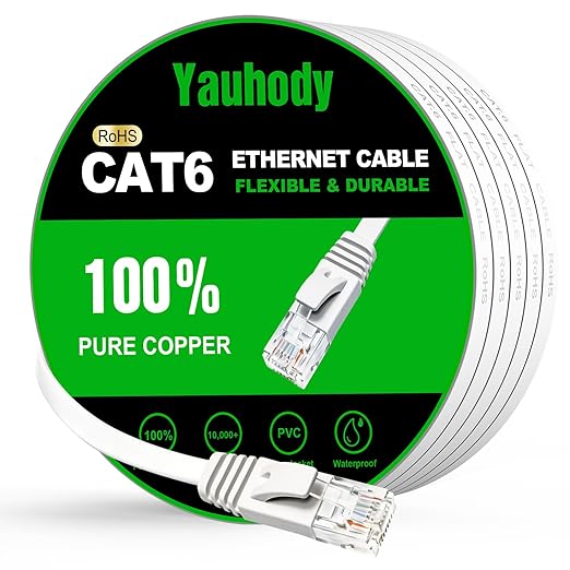 Yauhody CAT 6 Ethernet Cable 100ft White, High Speed Solid Flat CAT6 Gigabit by Yauhody