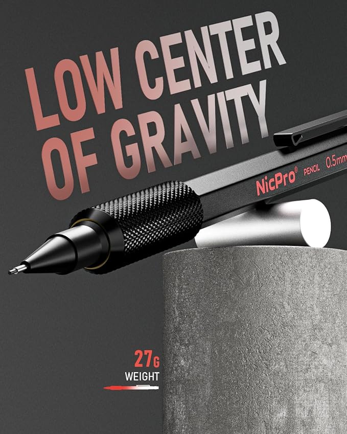 Nicpro 0.5 mm & 0.7 mm Mechanical Pencil Set with Case, MP2000 Metal Artist Mechanical Pencil With 6 Tube HB 2B Lead Refills, Eraser, Weatherproof Barrel for Outdoor Writing Drafting Sketching