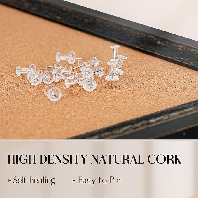 Cork Board Bulletin Board, 30" x 20" Corkboard for Wall, Rustic Black Wooden Frame, Decorative Hanging Pin Board for Home Office Room Decor, 10 Push Pins