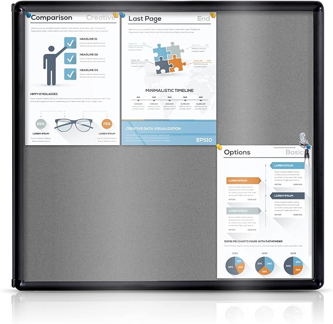 Enclosed Bulletin Board Lockable Display Case Message Board with Locking Door for Indoor, Grey Felt, Black Aluminum Frame, 28 X 26 in