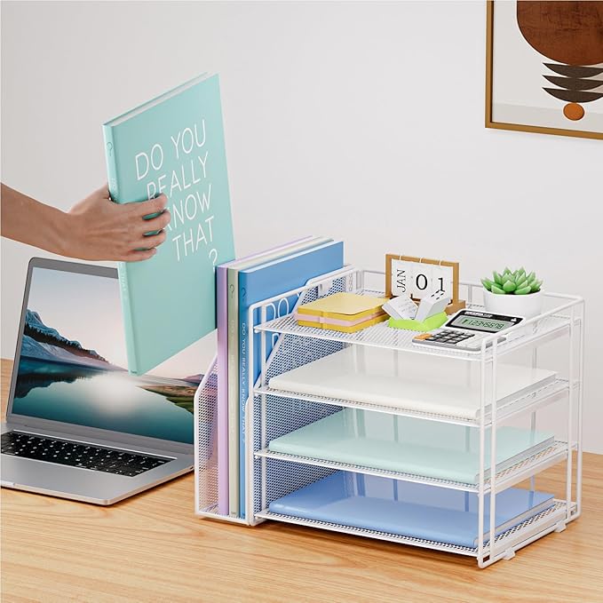 Marbrasse Desk Organizer and Accessories，4-Tier Paper Letter Tray Organizer with File Holder，Desk Accessories & Workspace Desktop Organizers for School Home Office Supplies (White)