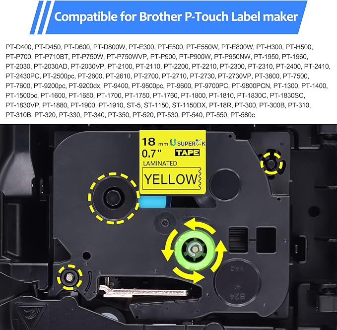 6PK 18mm Yellow Label Tape Compatible for Brother P-Touch Label Maker Tape TZe-641 TZe TZ Label Tape TZ-641 TZe641 18mm 0.7'' Laminated Black on Yellow for PT-D400 D410 D600 D610BT D460BT
