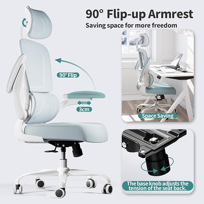 TRALT Office Chair Ergonomic Desk Chair, 330 LBS Home Mesh Office Desk Chairs with Wheels, Comfortable Gaming Chair, High Back Office Chair for Long Hours (Blue)