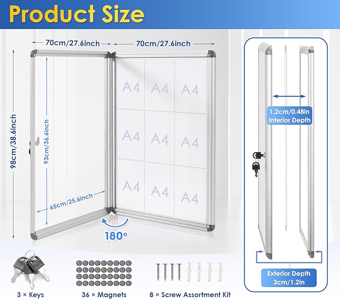 SWANCROWN Locking Bulletin Boards Enclosed Noticeboard White Glass Message Boards Indoor for School Office 38x28inch(9xA4)