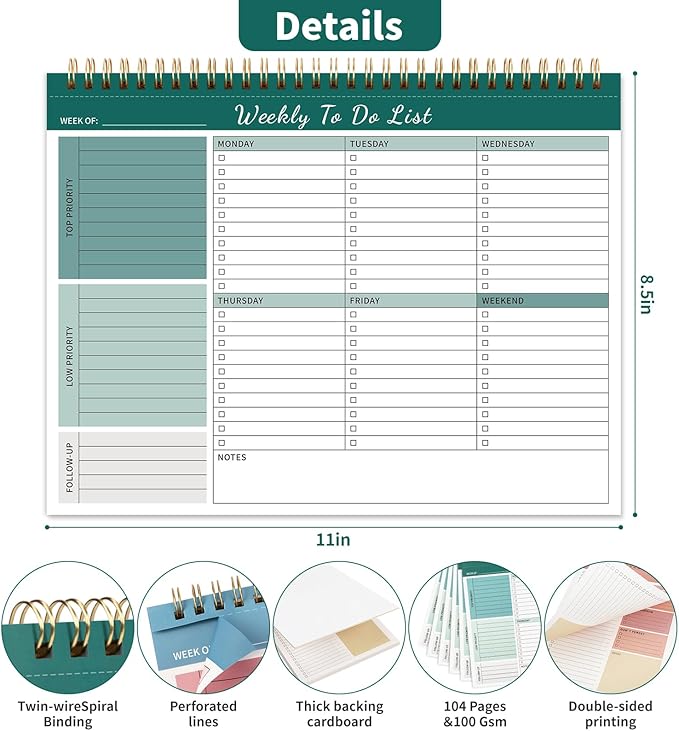 Weekly To Do List Notepad, 52 Undated Sheets （8.5"×11") Duplex-printed Weekly Planner Notepad For Work Home School Office Desk Accessories Supplies & Goal Setting Tasks - Green