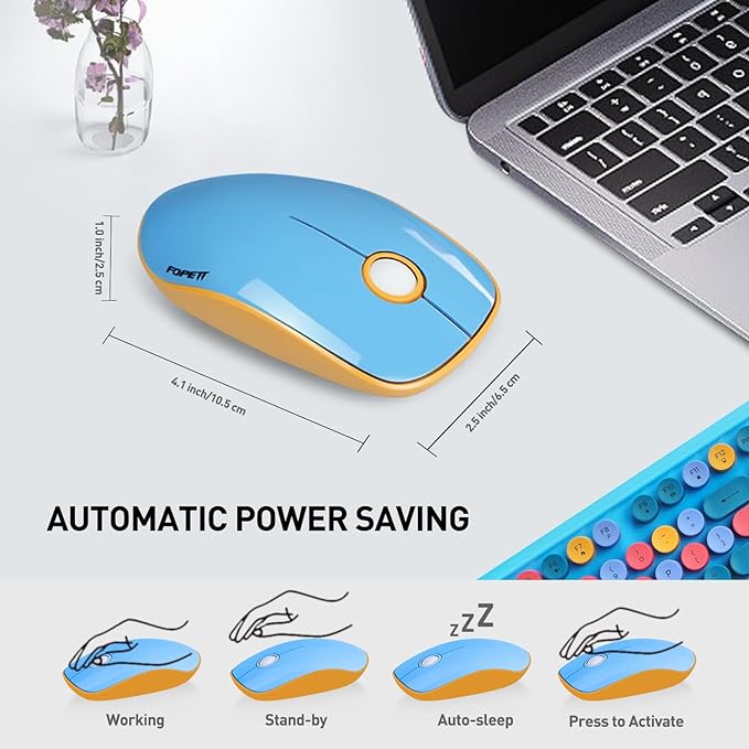 FOPETT 2.4GHz Wireless Keyboard and Mouse Set with Switch Button - Full-Size Keyboard - Compatible for Windows/Laptop/PC/Notebook/Smart TV and More - Blue Colorful