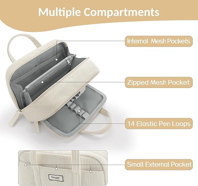 Sooez Large Pencil Case Pouch, Extra Big Pencil Bag with 5 Compartments, Pen Bag Wide Opening, Soft Corduroy Pencil Pouch Organizer with Zipper, Cute Aesthetic School Supplies for Teen Girls-Beige