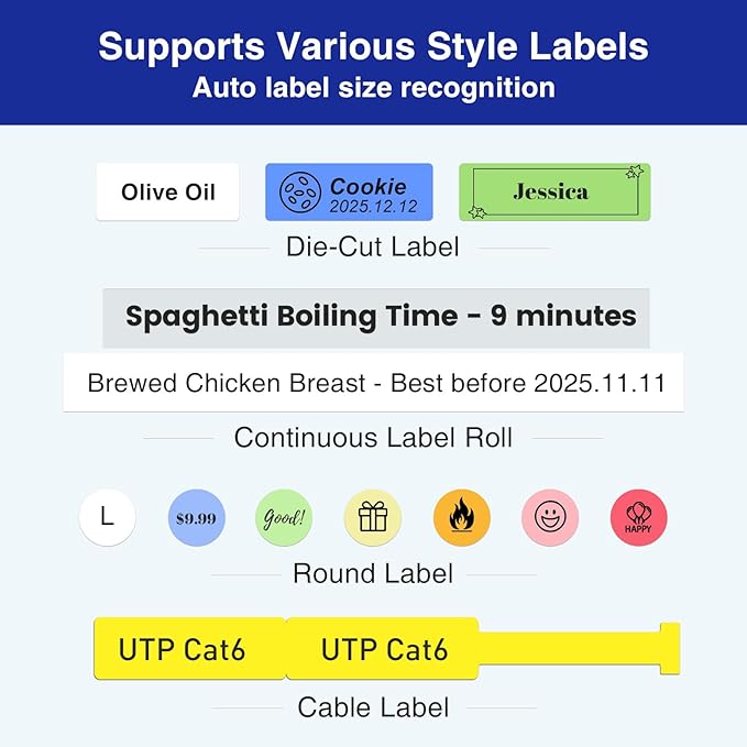 SUPVAN E11 Bluetooth Label Maker Machine with Tape, Support Keyboard & App with 40 Fonts and 450+ Icons, Rechargeable Inkless Labeler for Home, Kitchen, Office, School, Organization, Black