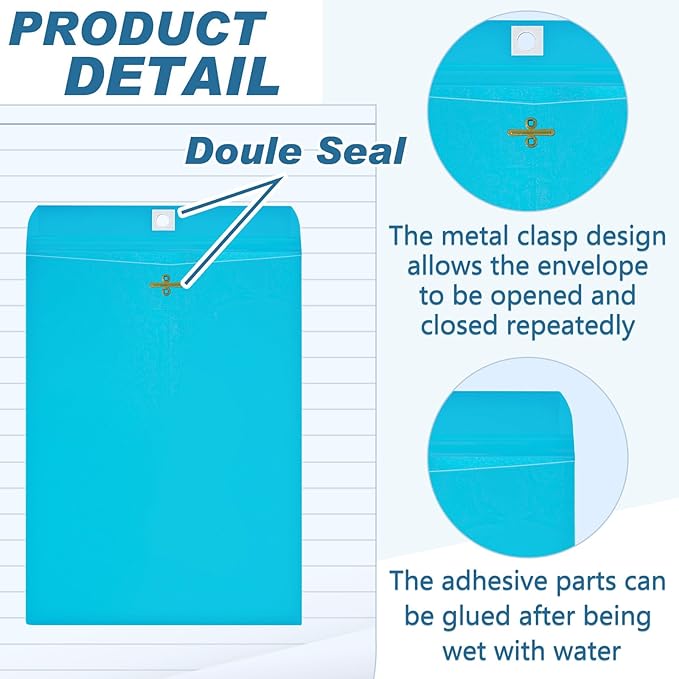 Geyee 100 Pcs Clasp Manilla Envelopes 10 x 13 Inch Gummed Colored Envelopes for Storing or Mailing for Home Office Business Supplies(Lake Blue)