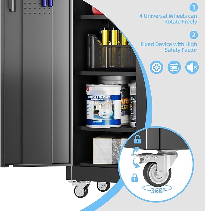 Aobabo Upgraded Garage Storage Cabinets with Wheels,Metal Storage Cabinets with 5 Adjustable Shelves for Garage Home Office Storage, Black,71''H*32''W*16''D,Assembly Required