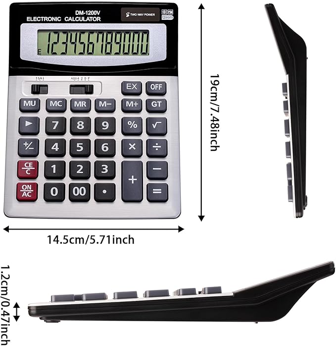 12 Digit Desktop Calculator with Large LCD Display and Sensitive Button, Dual Solar Power and Battery, Standard Function for Office (YE1200v)